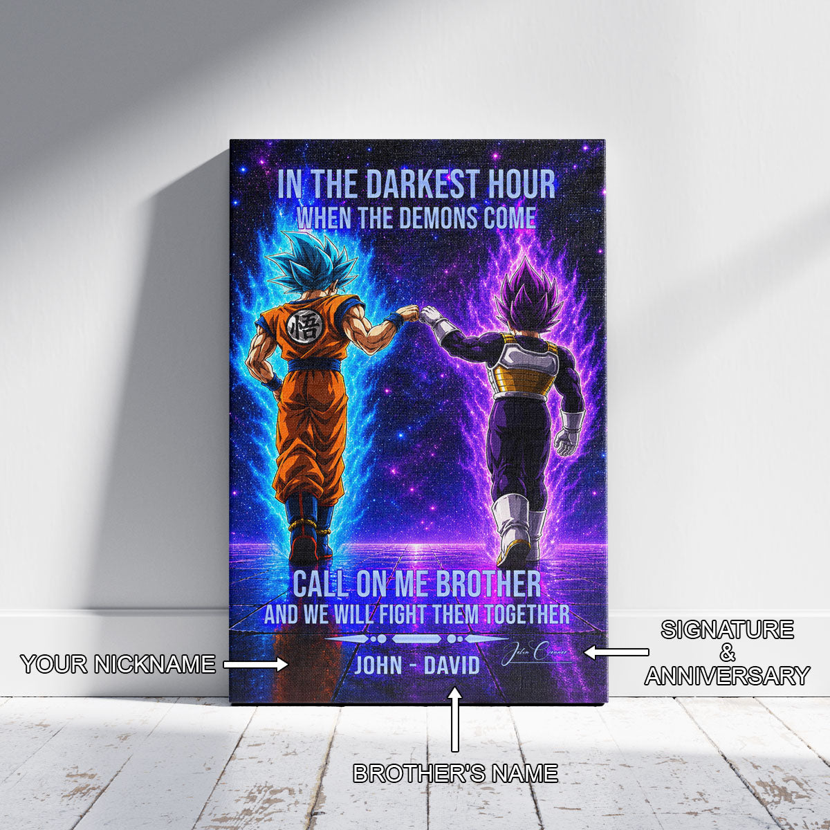 Dragon Ball Super Saiyan Blue Goku & Ultra Ego Vegeta Canvas Wall Art - Motivational Quote “Brother” - Ready to Hang Home Office Decor - DR117