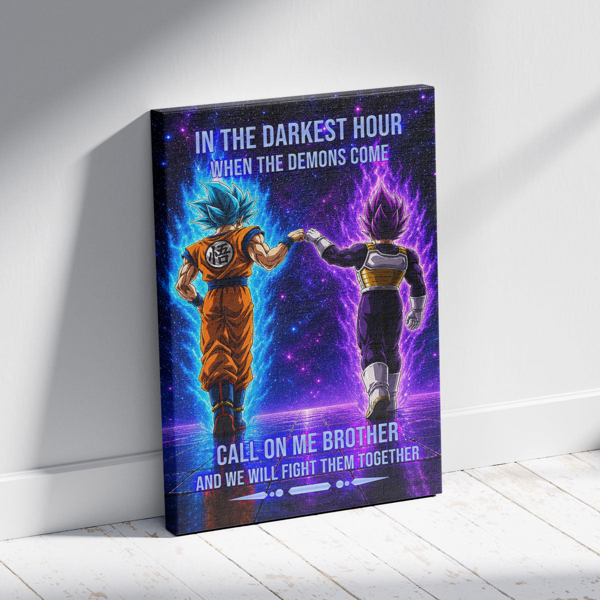 Dragon Ball Super Saiyan Blue Goku & Ultra Ego Vegeta Canvas Wall Art - Motivational Quote “Brother” - Ready to Hang Home Office Decor - DR117