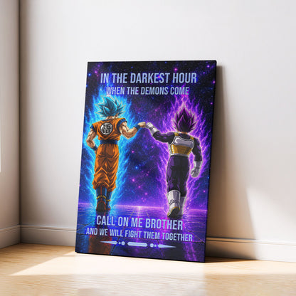 Dragon Ball Super Saiyan Blue Goku & Ultra Ego Vegeta Canvas Wall Art - Motivational Quote “Brother” - Ready to Hang Home Office Decor - DR117