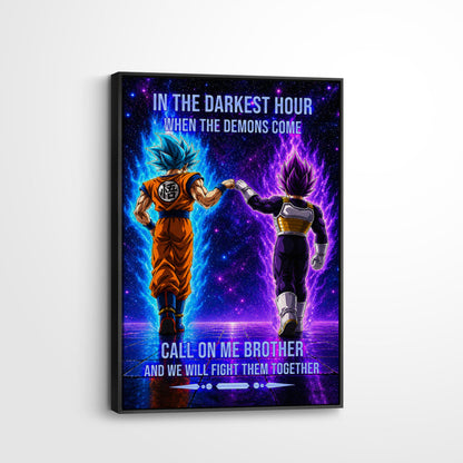 Dragon Ball Super Saiyan Blue Goku & Ultra Ego Vegeta Canvas Wall Art - Motivational Quote “Brother” - Ready to Hang Home Office Decor - DR117