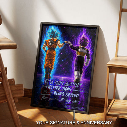 Dragon Ball Super Saiyan Blue Goku & Ultra Ego Vegeta Canvas Wall Art - DBZ Motivational Poster "Being Better Than Yesterday" Home Office Decor - DR121