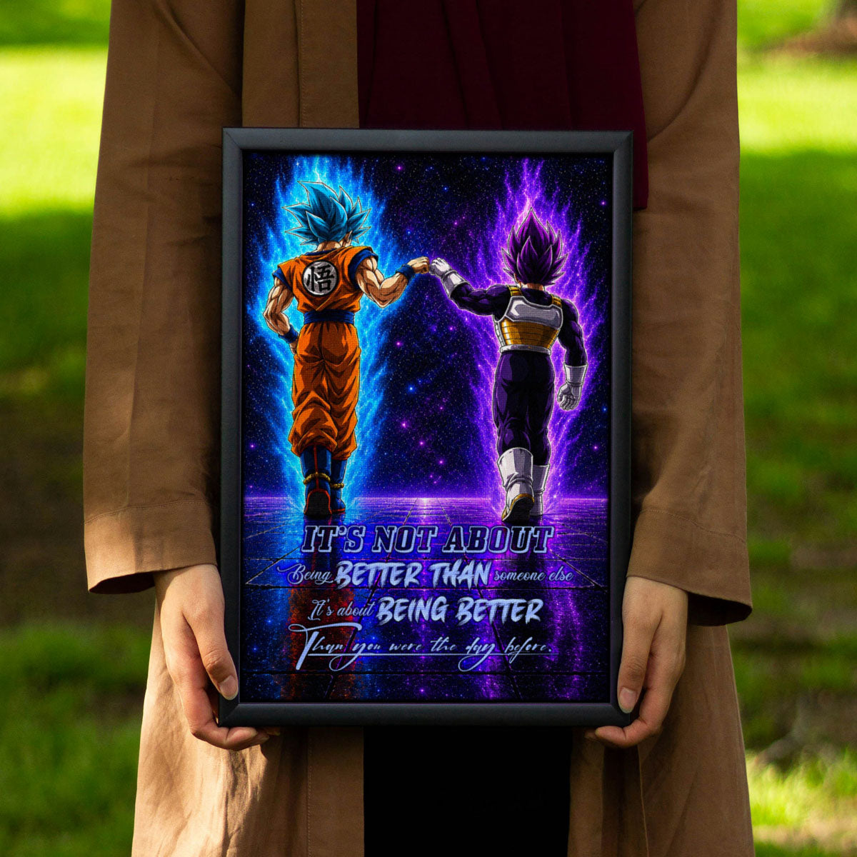Dragon Ball Super Saiyan Blue Goku & Ultra Ego Vegeta Canvas Wall Art - DBZ Motivational Poster "Being Better Than Yesterday" Home Office Decor - DR121