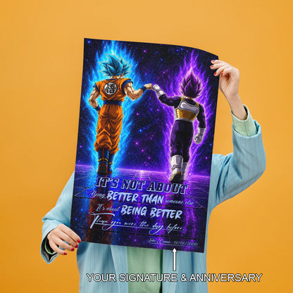 Dragon Ball Super Saiyan Blue Goku & Ultra Ego Vegeta Canvas Wall Art - DBZ Motivational Poster "Being Better Than Yesterday" Home Office Decor - DR121
