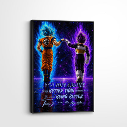 Dragon Ball Super Saiyan Blue Goku & Ultra Ego Vegeta Canvas Wall Art - DBZ Motivational Poster "Being Better Than Yesterday" Home Office Decor - DR121