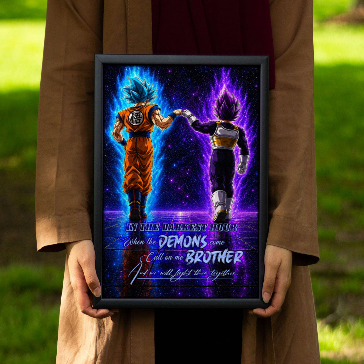 Dragon Ball Super Saiyan Blue Goku & Ultra Ego Vegeta Canvas Wall Art - Motivational Quote “Brother” - Ready to Hang Home Office Decor - DR122