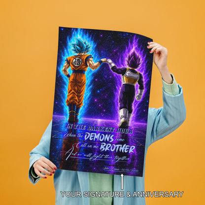 Dragon Ball Super Saiyan Blue Goku & Ultra Ego Vegeta Canvas Wall Art - Motivational Quote “Brother” - Ready to Hang Home Office Decor - DR122
