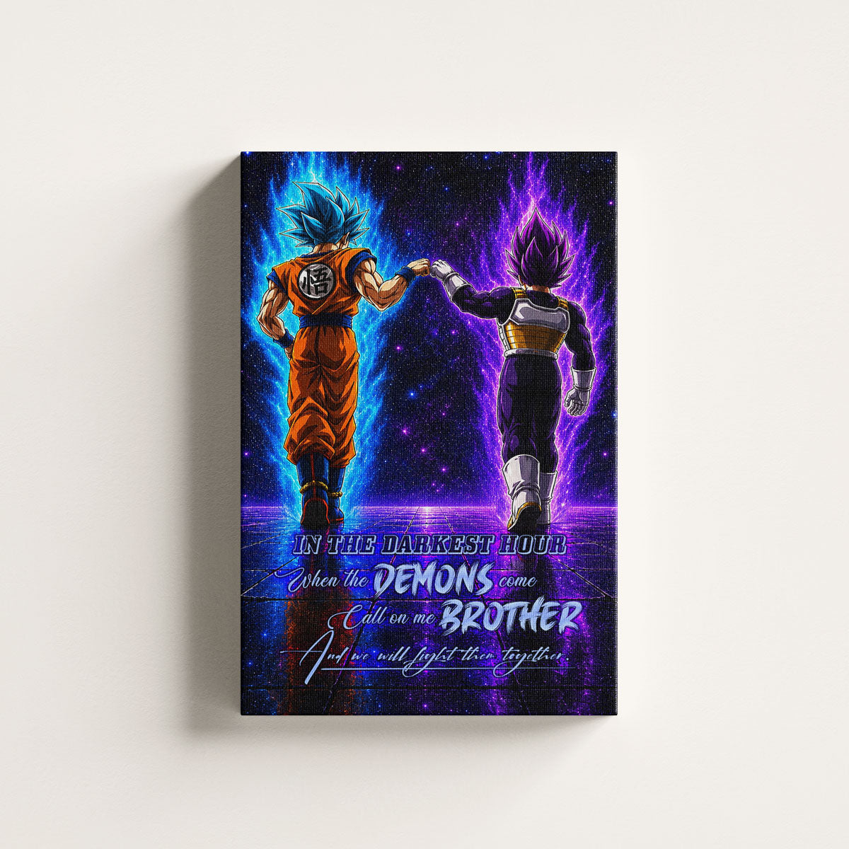 Dragon Ball Super Saiyan Blue Goku & Ultra Ego Vegeta Canvas Wall Art - Motivational Quote “Brother” - Ready to Hang Home Office Decor - DR122
