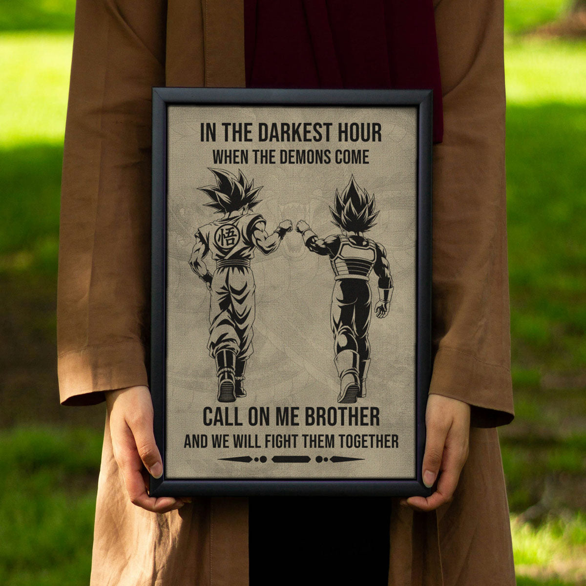 Dragon Ball Super Saiyan Blue Goku & Ultra Ego Vegeta Canvas Wall Art - Motivational Quote “Brother” - Ready to Hang Home Office Decor - DR125
