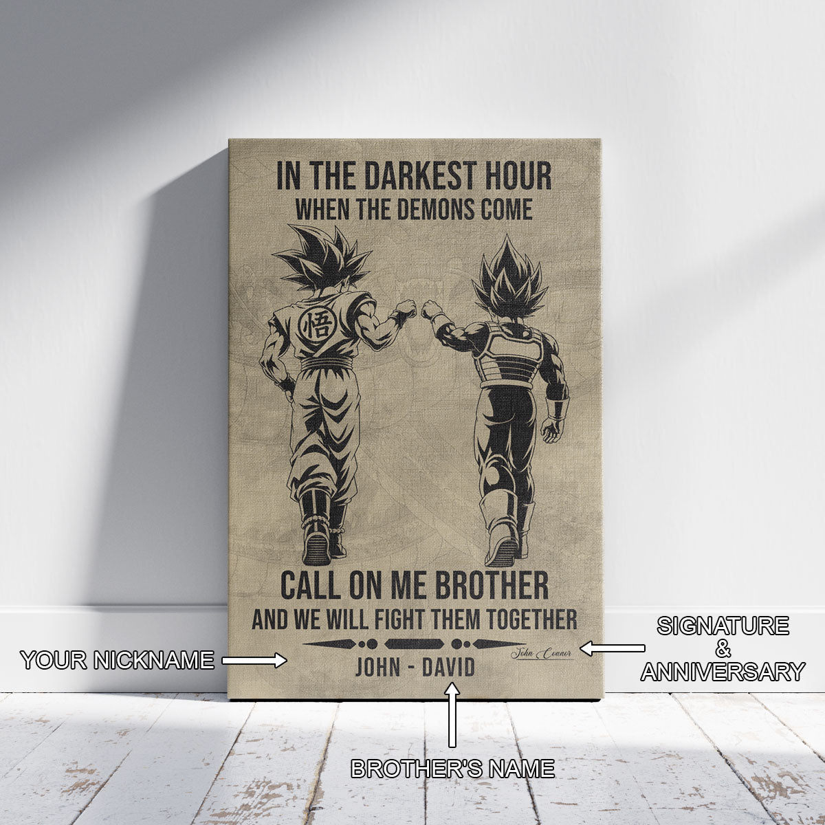 Dragon Ball Super Saiyan Blue Goku & Ultra Ego Vegeta Canvas Wall Art - Motivational Quote “Brother” - Ready to Hang Home Office Decor - DR125