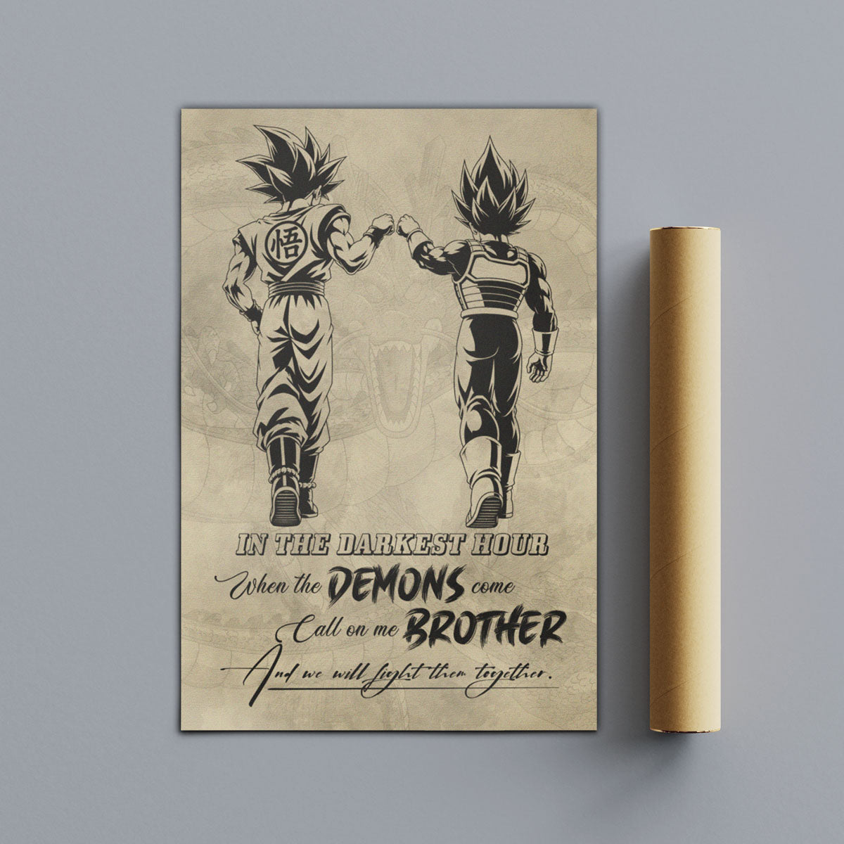 Dragon Ball Super Saiyan Blue Goku & Ultra Ego Vegeta Canvas Wall Art - Motivational Quote “Brother” - Ready to Hang Home Office Decor - DR128