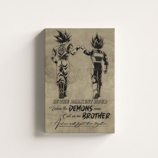 Dragon Ball Super Saiyan Blue Goku & Ultra Ego Vegeta Canvas Wall Art - Motivational Quote “Brother” - Ready to Hang Home Office Decor - DR128