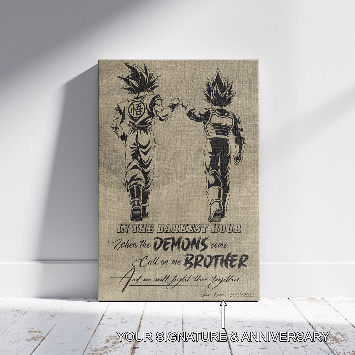 Dragon Ball Super Saiyan Blue Goku & Ultra Ego Vegeta Canvas Wall Art - Motivational Quote “Brother” - Ready to Hang Home Office Decor - DR128