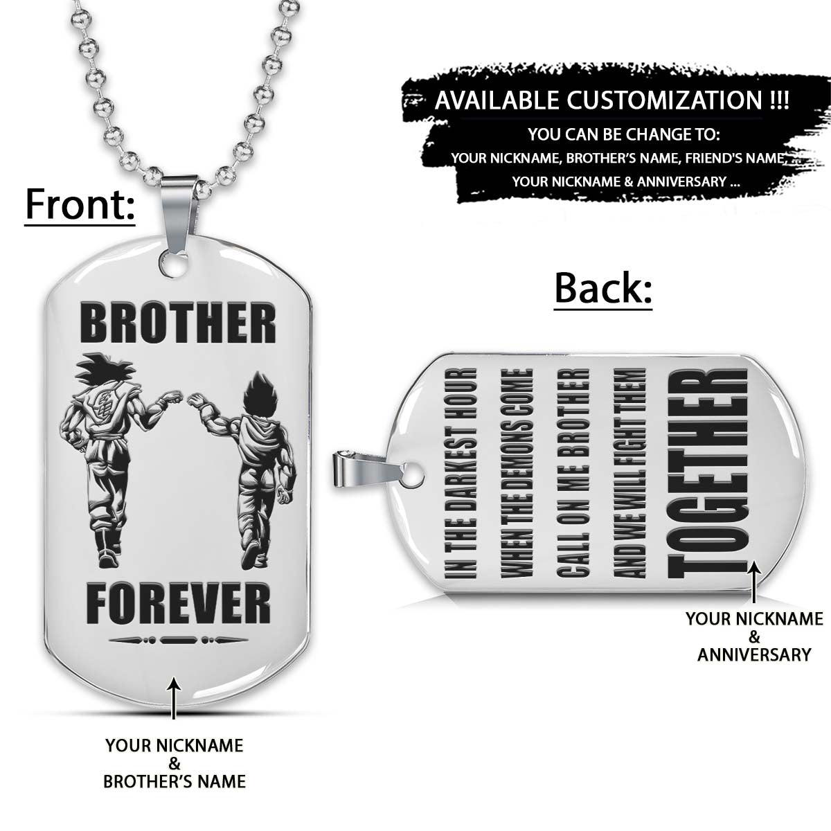 Dragon Ball Dog Tag - Brother Forever - Call On Me Brother - Goku - Vegeta - Dragon Ball Necklace - Engrave Dog Tag
