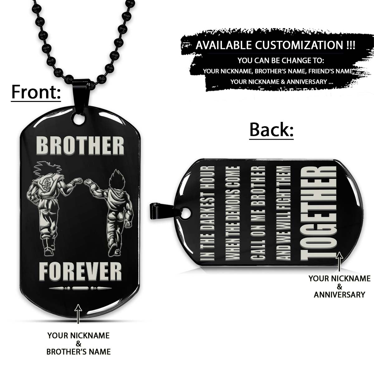 Dragon Ball Dog Tag - Brother Forever - Call On Me Brother - Goku - Vegeta - Dragon Ball Necklace - Engrave Dog Tag