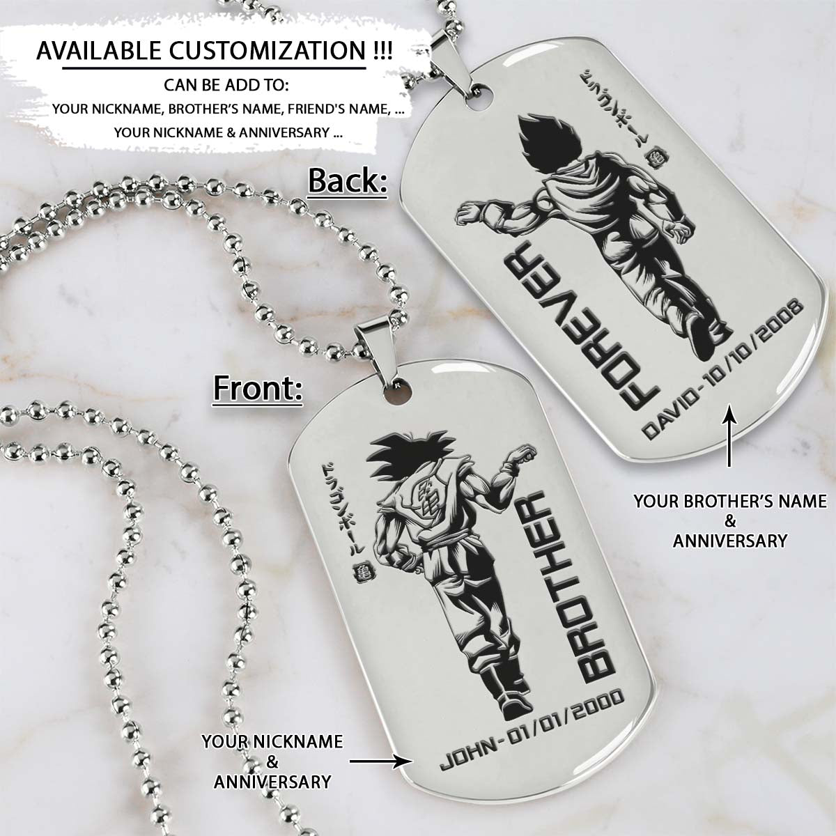 Dragon Ball Dog Tag - Brother Forever - Goku - Vegeta - Dragon Ball Necklace - Engrave Dog Tag