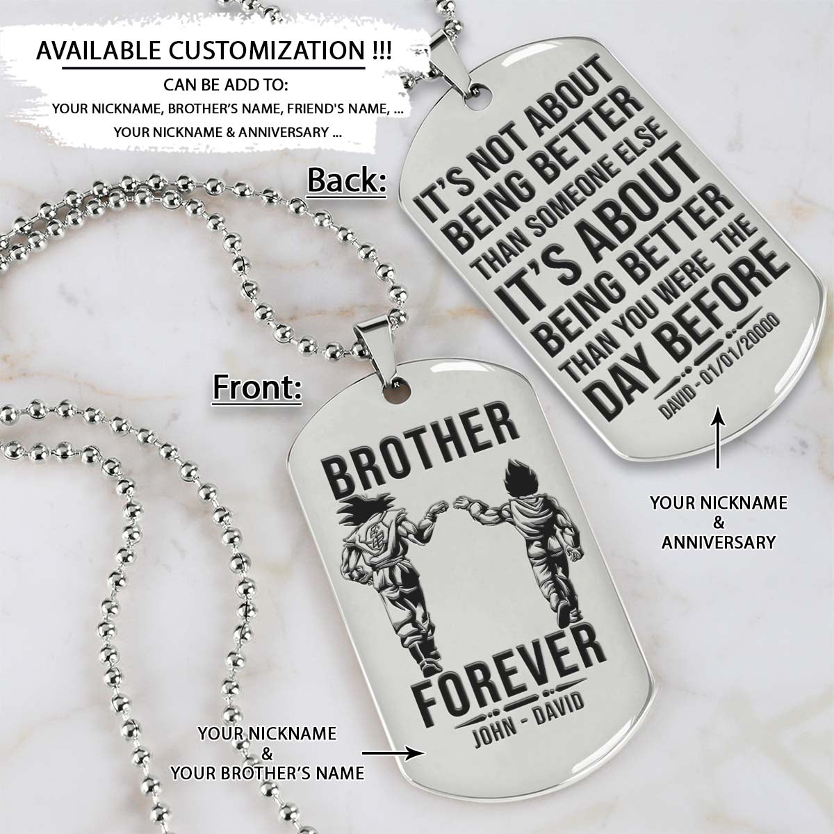 dragon ball dog tag - brother forever - it's about being better than you were the day before - goku - vegeta - dragon ball necklace - engrave dog tag
