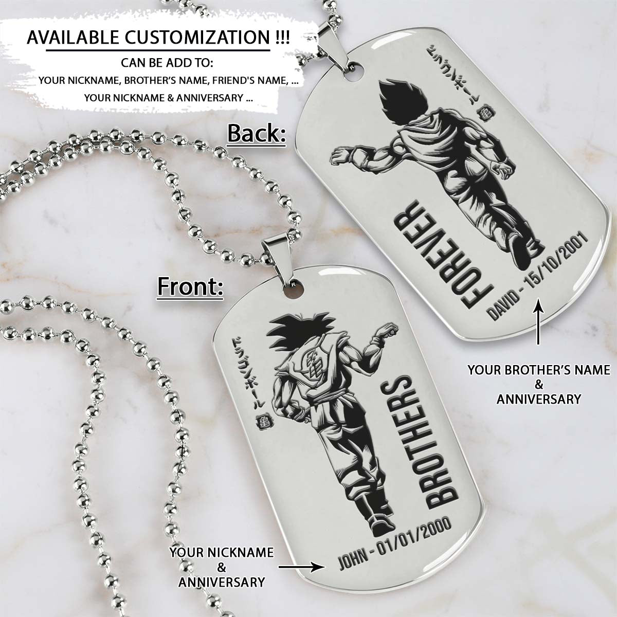 dragon ball dog tag - brother forever - goku - vegeta - dragon ball necklace - engrave dog tag