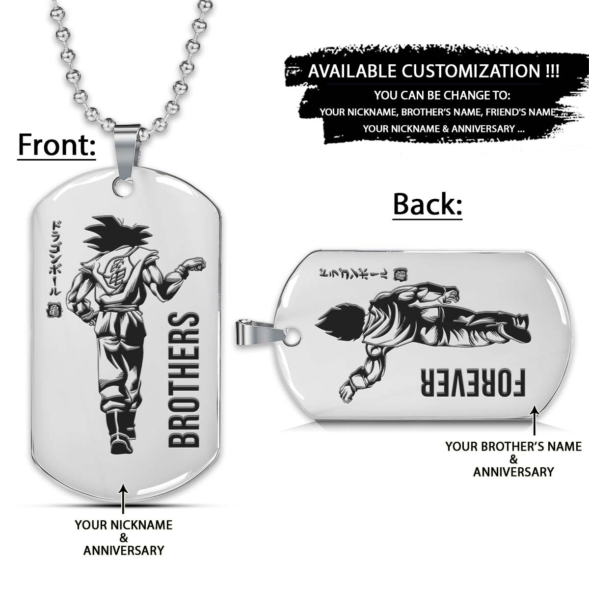 dragon ball dog tag - brother forever - goku - vegeta - dragon ball necklace - engrave dog tag