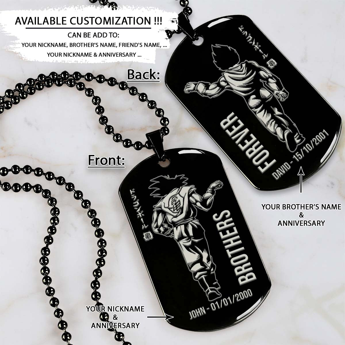 dragon ball dog tag - brother forever - goku - vegeta - dragon ball necklace - engrave dog tag
