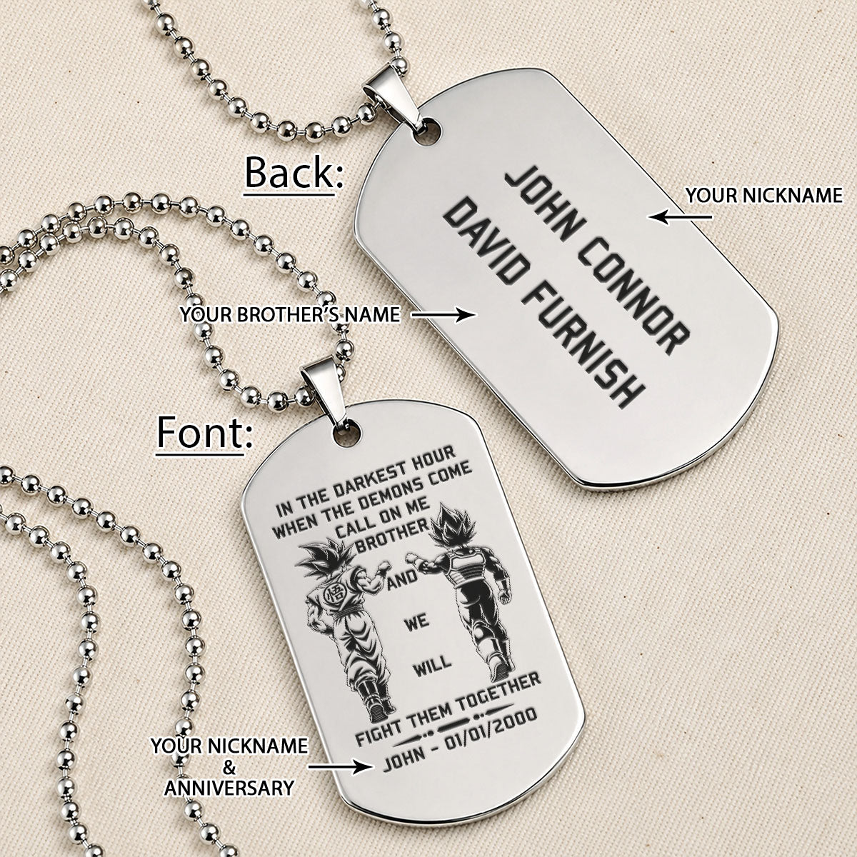 Personalized Dragon Ball Z Goku & Vegeta Brother Dog Tag Necklace - "Call On Me Brother" Engraved Stainless Steel Military Pendant Gift for Men