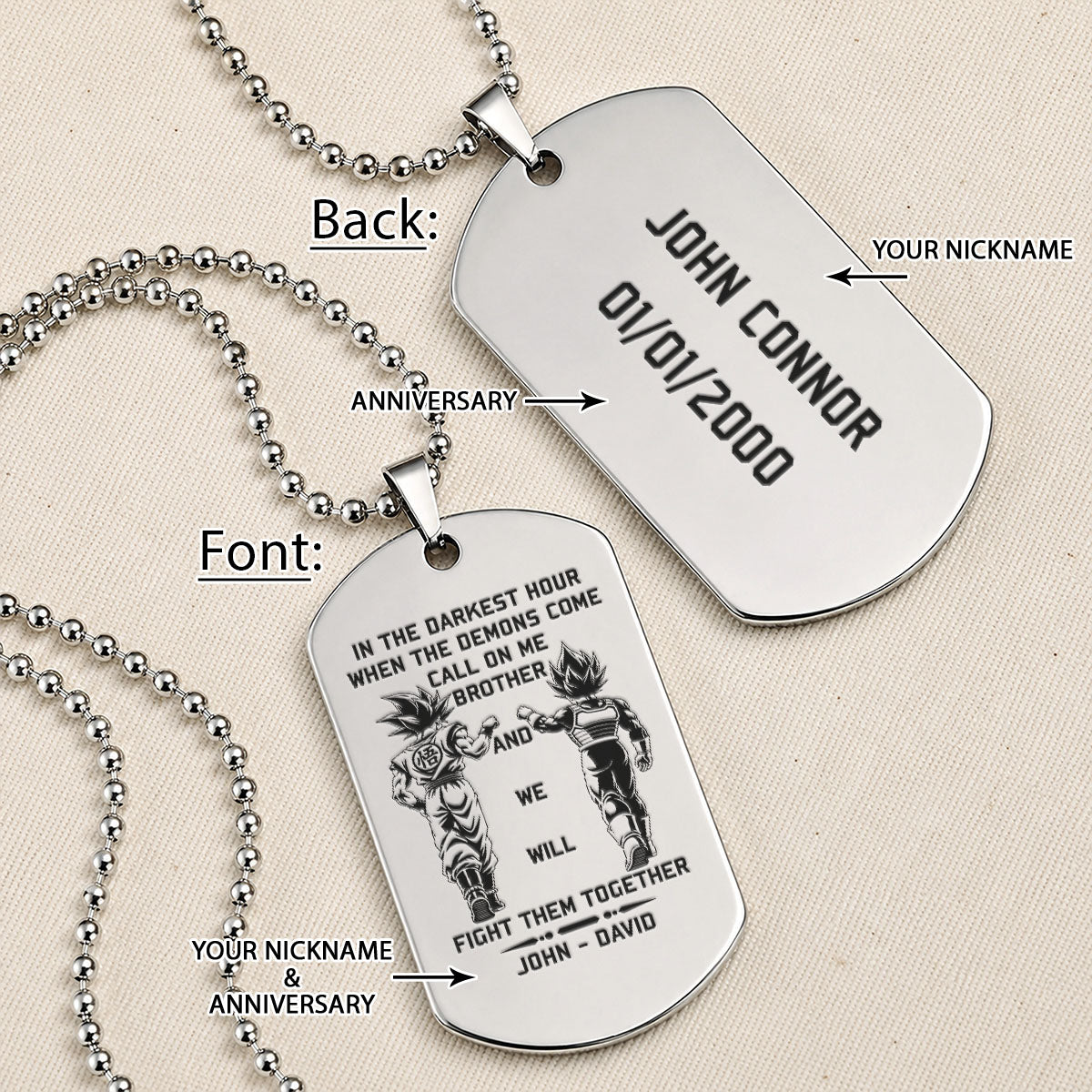 Personalized Dragon Ball Z Goku & Vegeta Brother Dog Tag Necklace - "Call On Me Brother" Engraved Stainless Steel Military Pendant Gift for Men