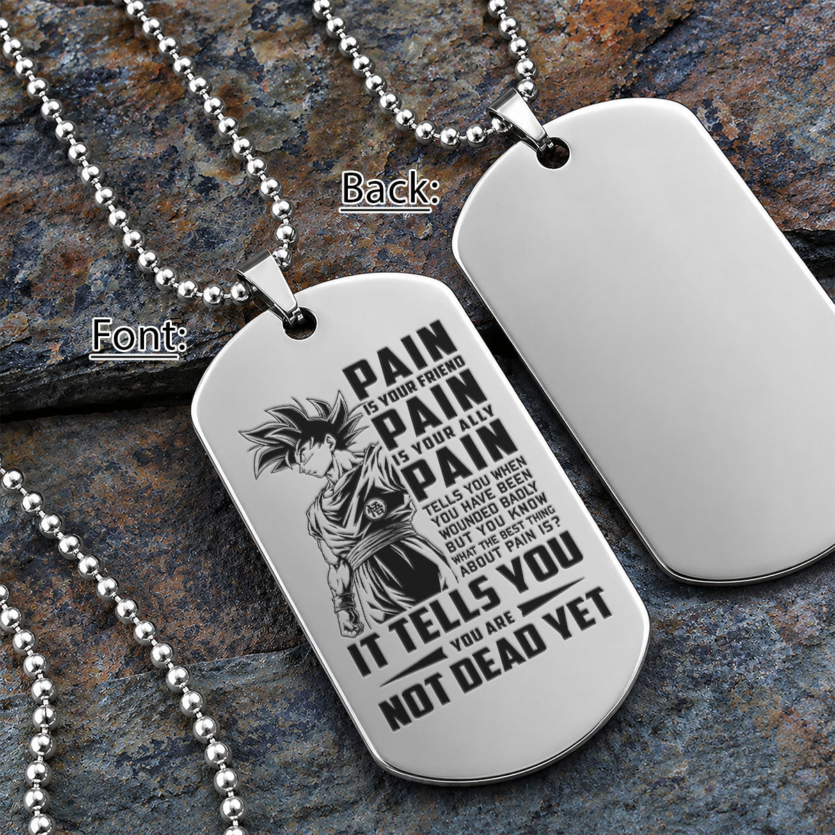 Personalized Dragon Ball Z Goku Dog Tag Necklace - “PAIN - You are Not Dead Yet” Engraved Stainless Steel Military Pendant Gift for Men