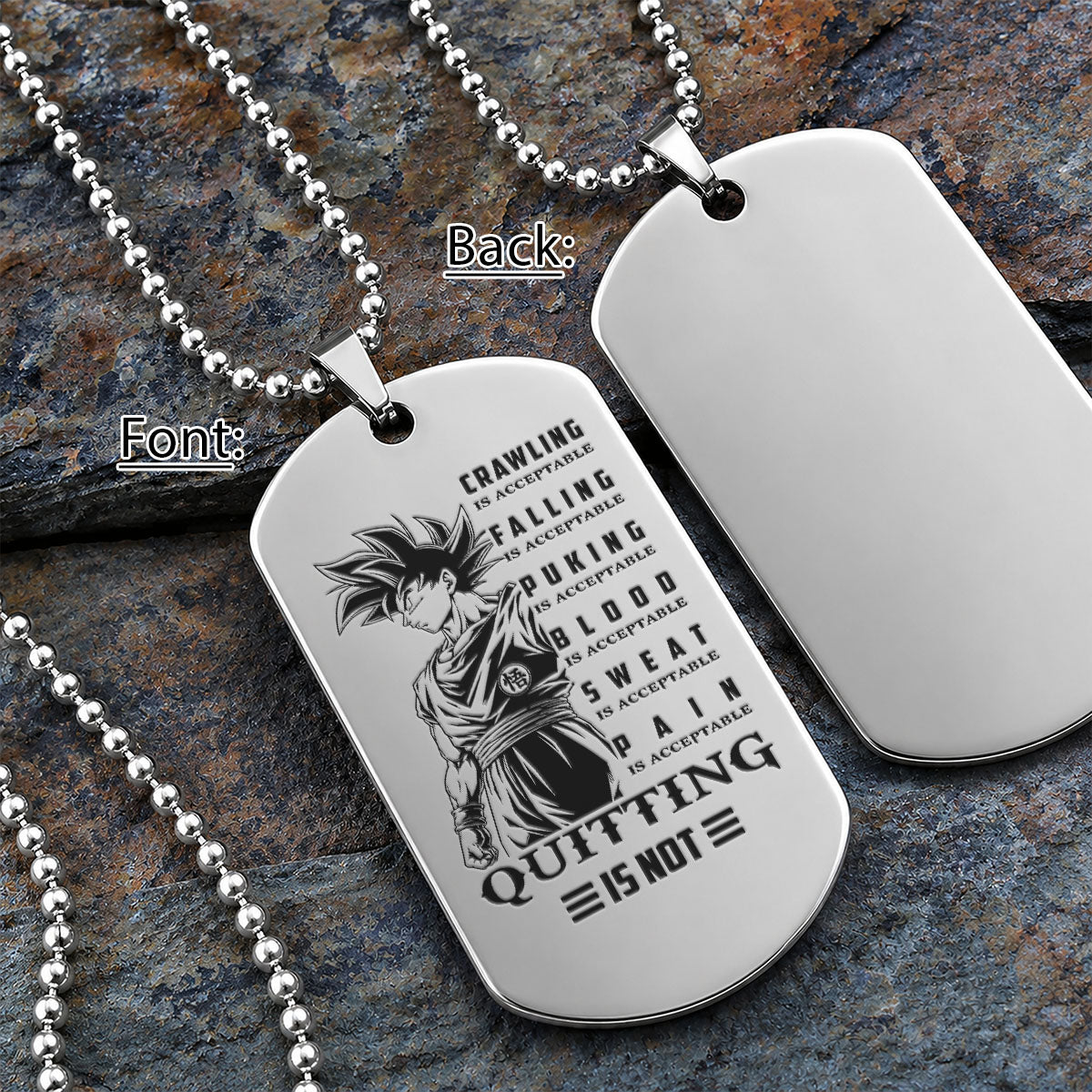 Personalized Dragon Ball Z Goku Dog Tag Necklace - “Quitting Is Not” Engraved Stainless Steel Military Pendant Gift for Men
