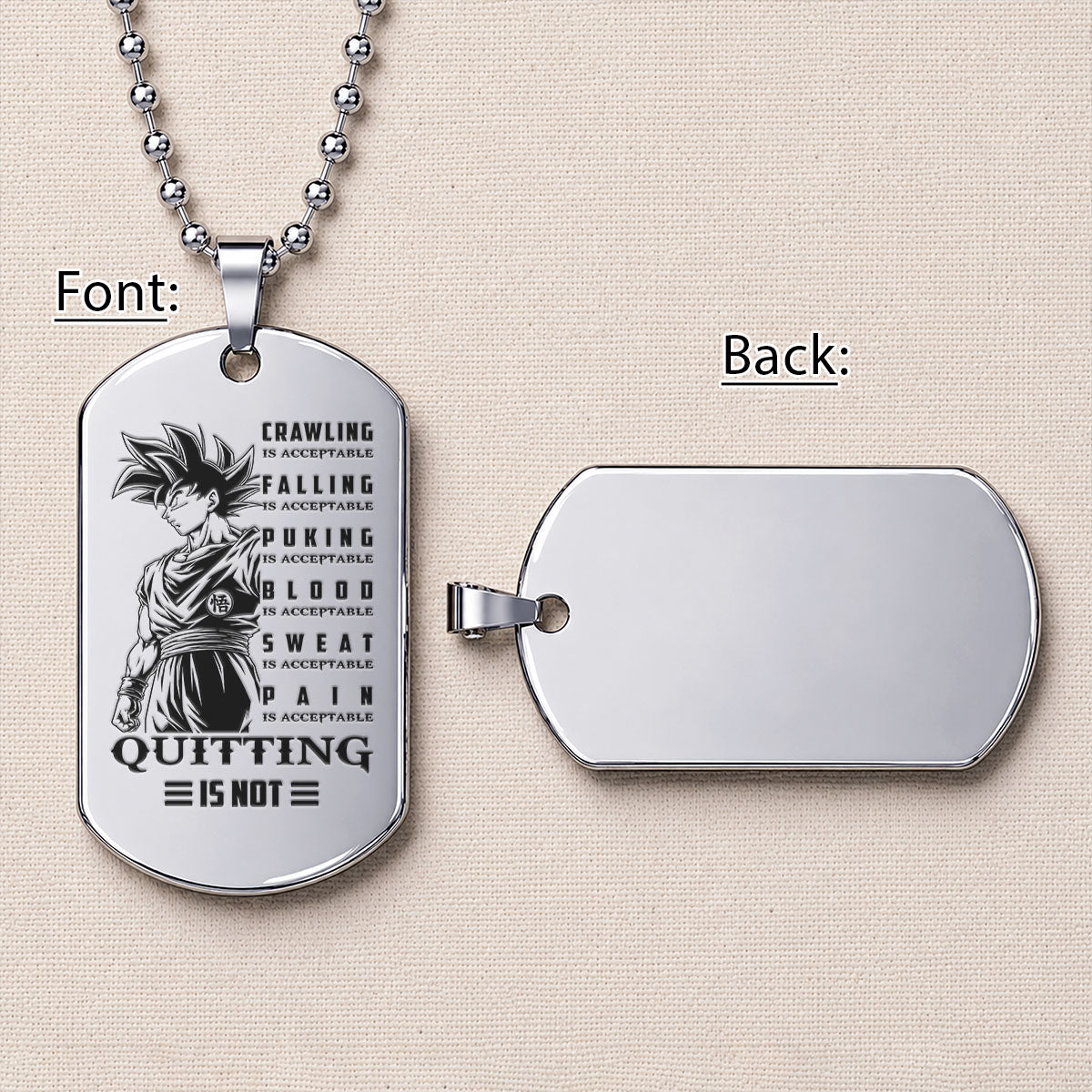 Personalized Dragon Ball Z Goku Dog Tag Necklace - “Quitting Is Not” Engraved Stainless Steel Military Pendant Gift for Men