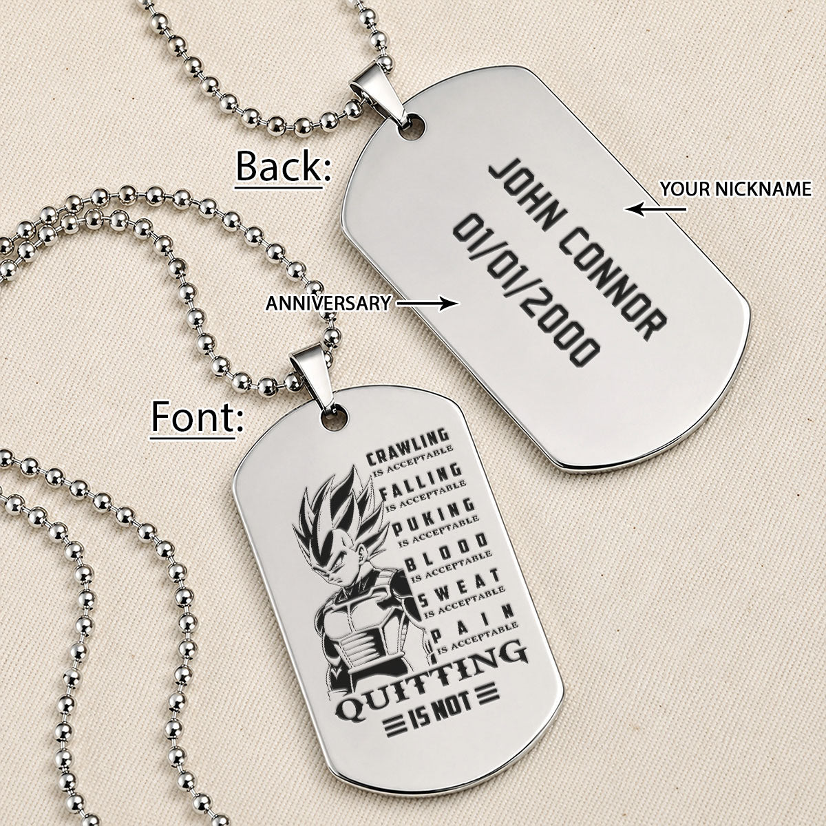 Personalized Dragon Ball Z Vegeta Dog Tag Necklace - “Quitting Is Not” Engraved Stainless Steel Military Pendant Gift for Men