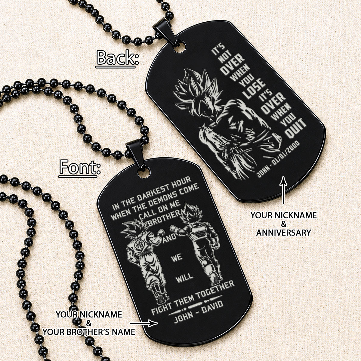 Personalized Dragon Ball Z Goku & Vegeta Brother Dog Tag Necklace - "Call On Me Brother" Engraved Stainless Steel Military Pendant Gift for Men
