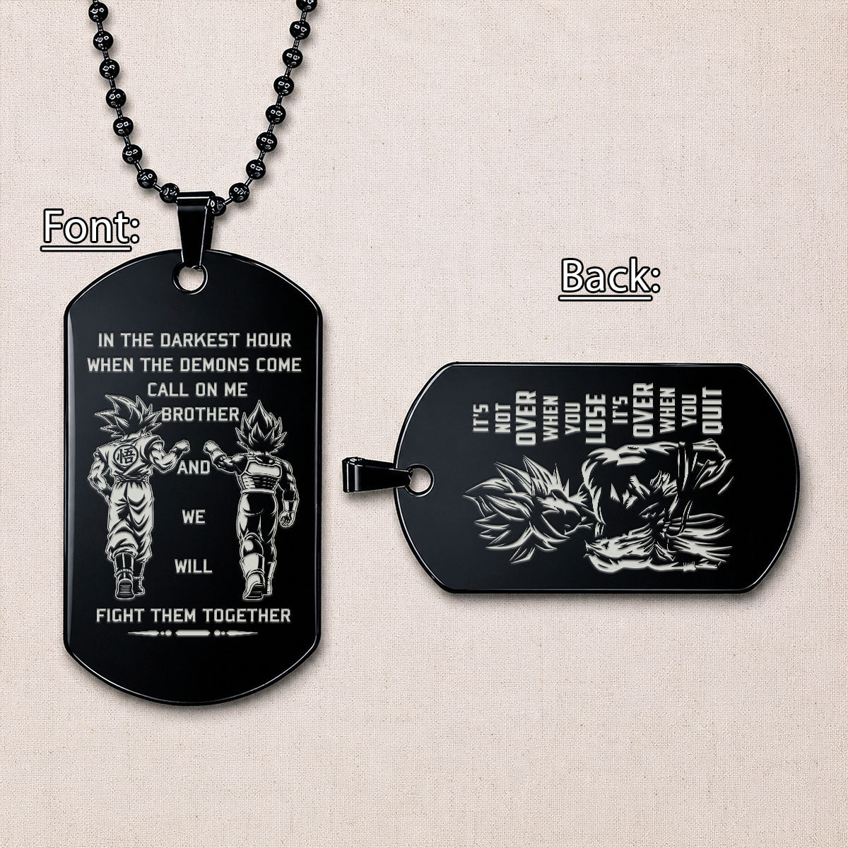 Personalized Dragon Ball Z Goku & Vegeta Brother Dog Tag Necklace - "Call On Me Brother" Engraved Stainless Steel Military Pendant Gift for Men