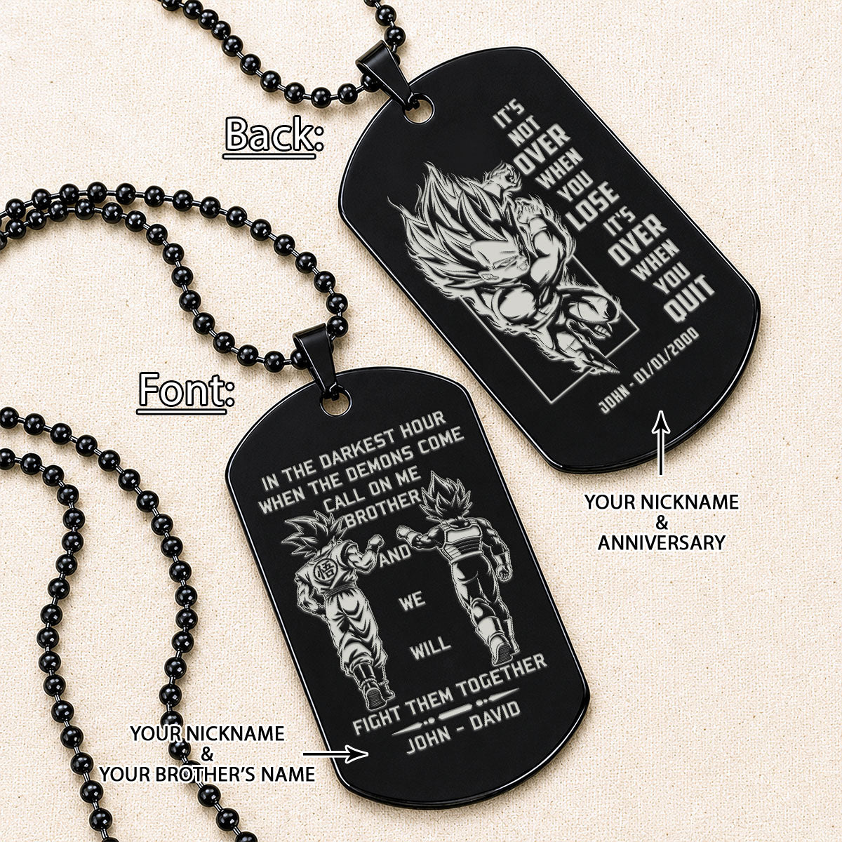 Personalized Dragon Ball Z Goku & Vegeta Brother Dog Tag Necklace - "Call On Me Brother" Engraved Stainless Steel Military Pendant Gift for Men