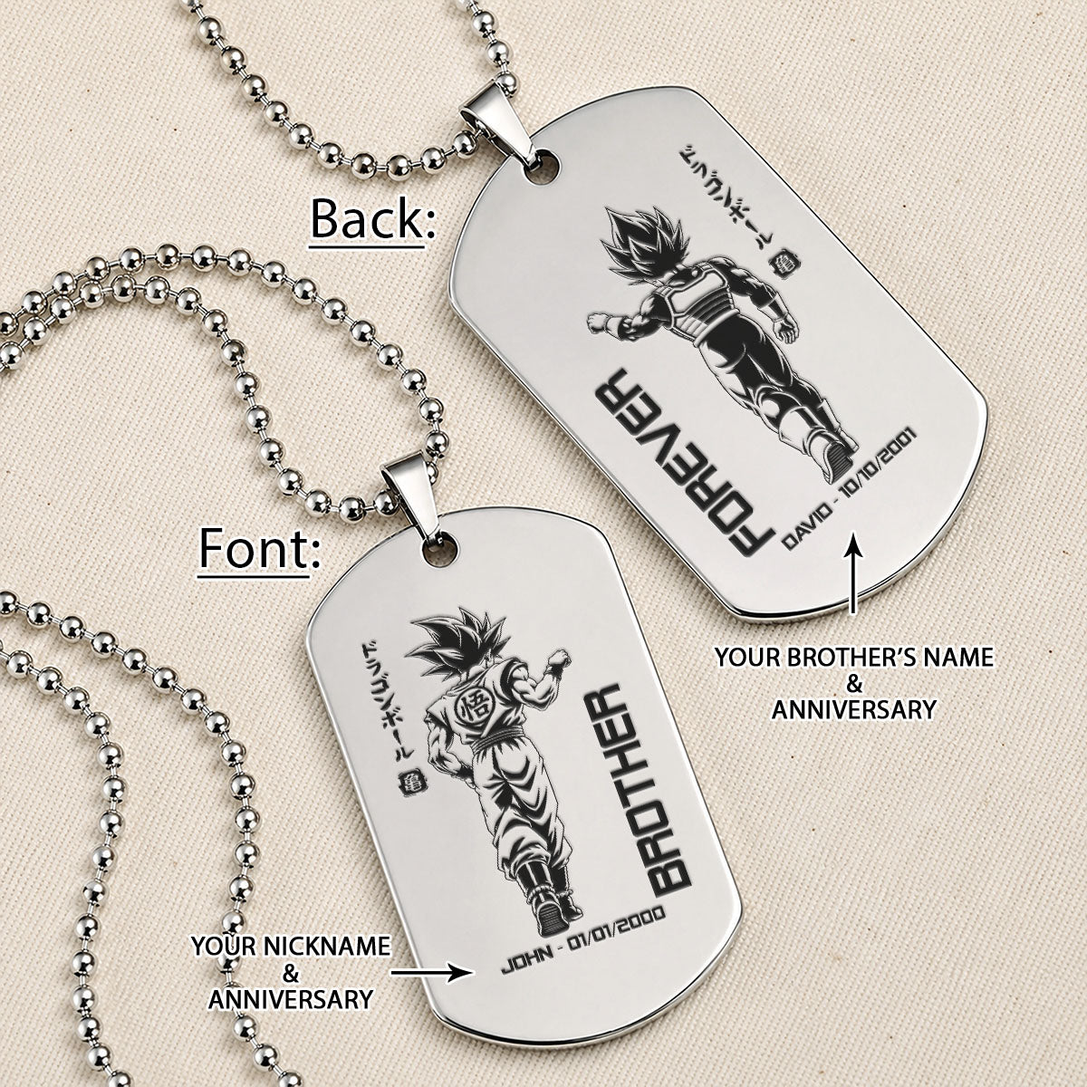 Personalized Dragon Ball Z Goku & Vegeta Brother Dog Tag Necklace - "Brother Forever" Engraved Stainless Steel Military Pendant Gift for Men