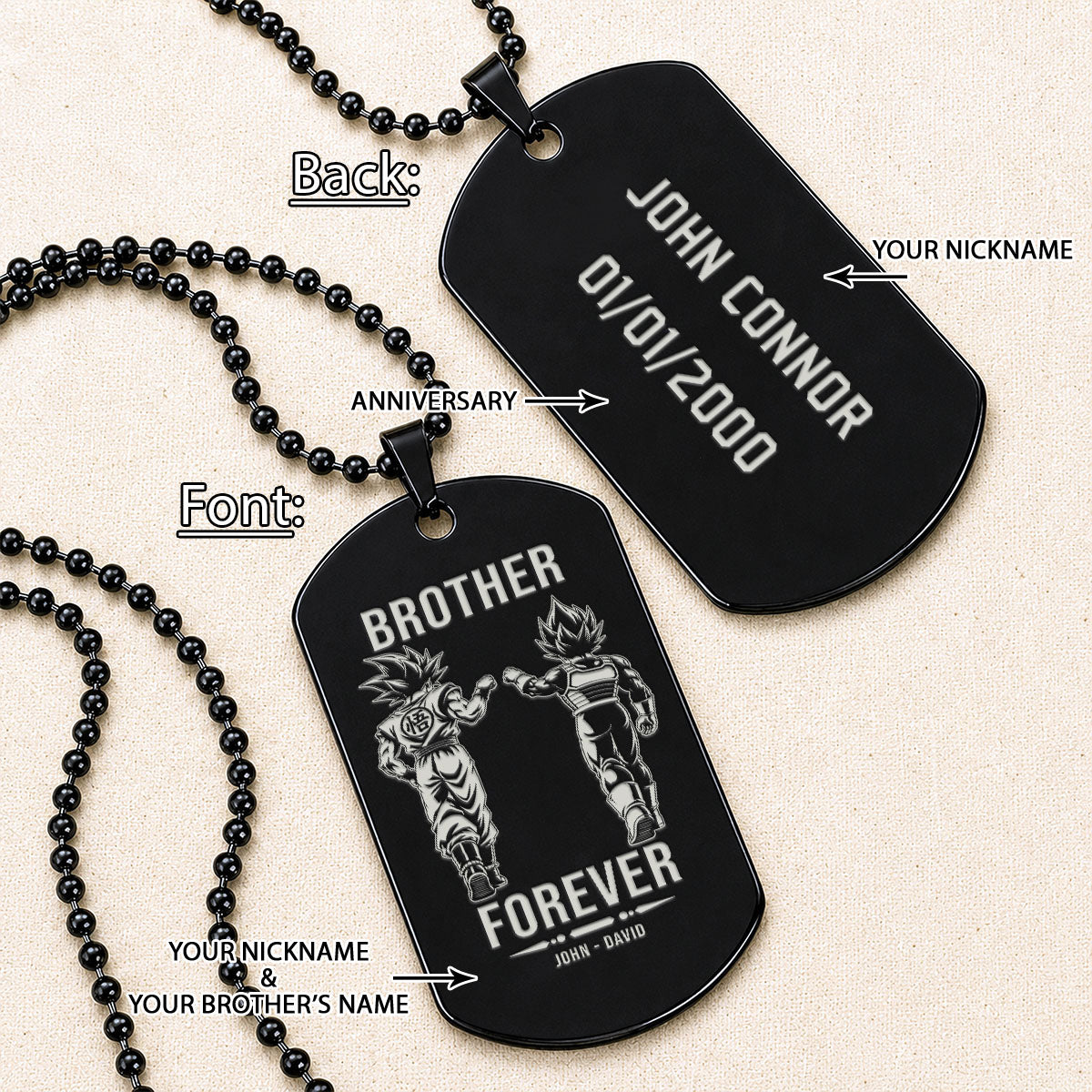 Personalized Dragon Ball Z Goku & Vegeta Brother Dog Tag Necklace - "Brother Forever" Engraved Stainless Steel Military Pendant Gift for Men