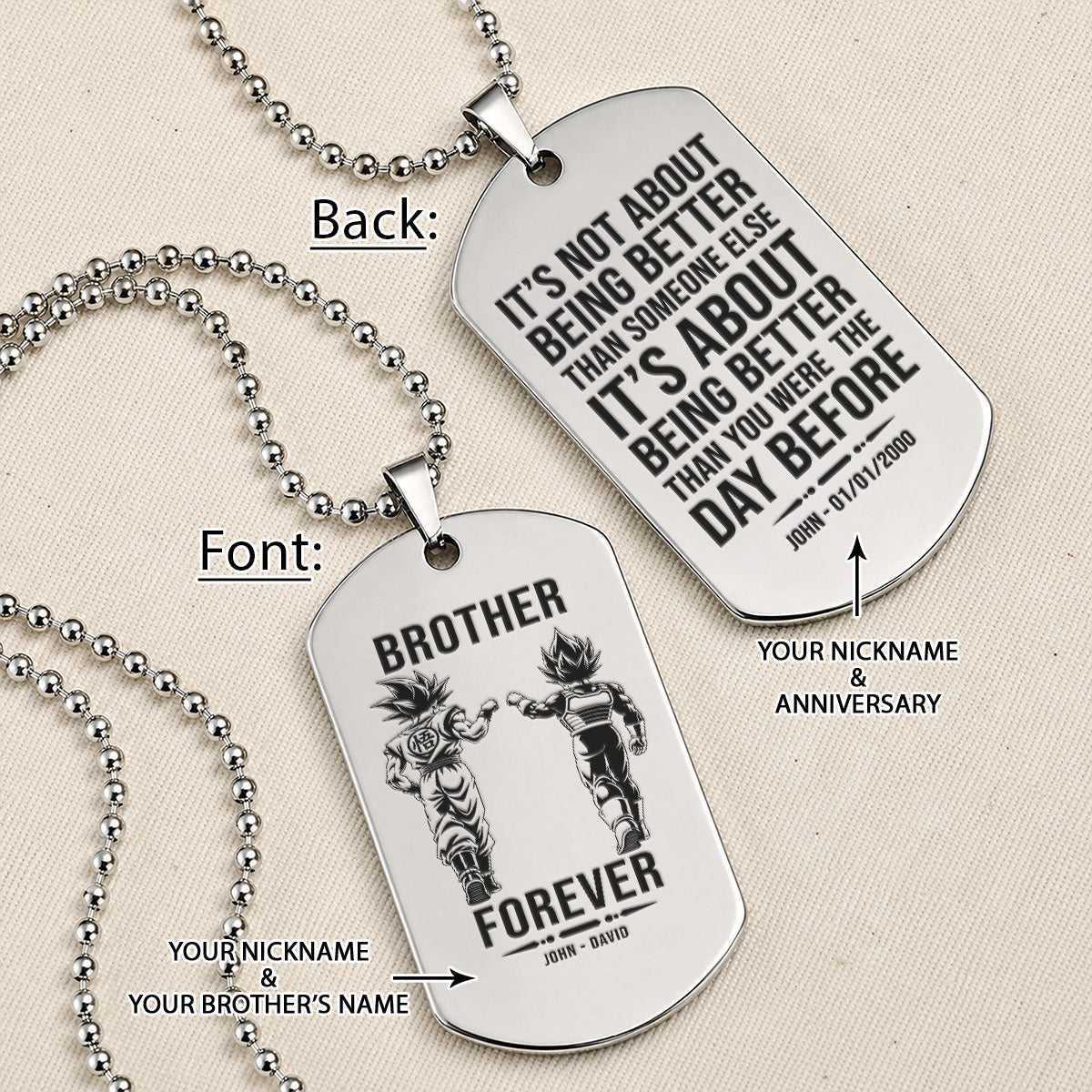 Personalized Dragon Ball Z Goku & Vegeta Brother Dog Tag Necklace - "Brother Forever" Engraved Stainless Steel Military Pendant Gift for Men