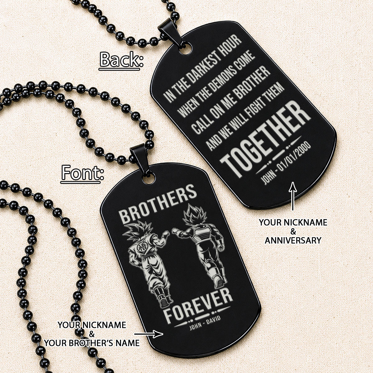 Personalized Dragon Ball Z Goku & Vegeta Brother Dog Tag Necklace - "Brothers Forever" Engraved Stainless Steel Military Pendant Gift for Men