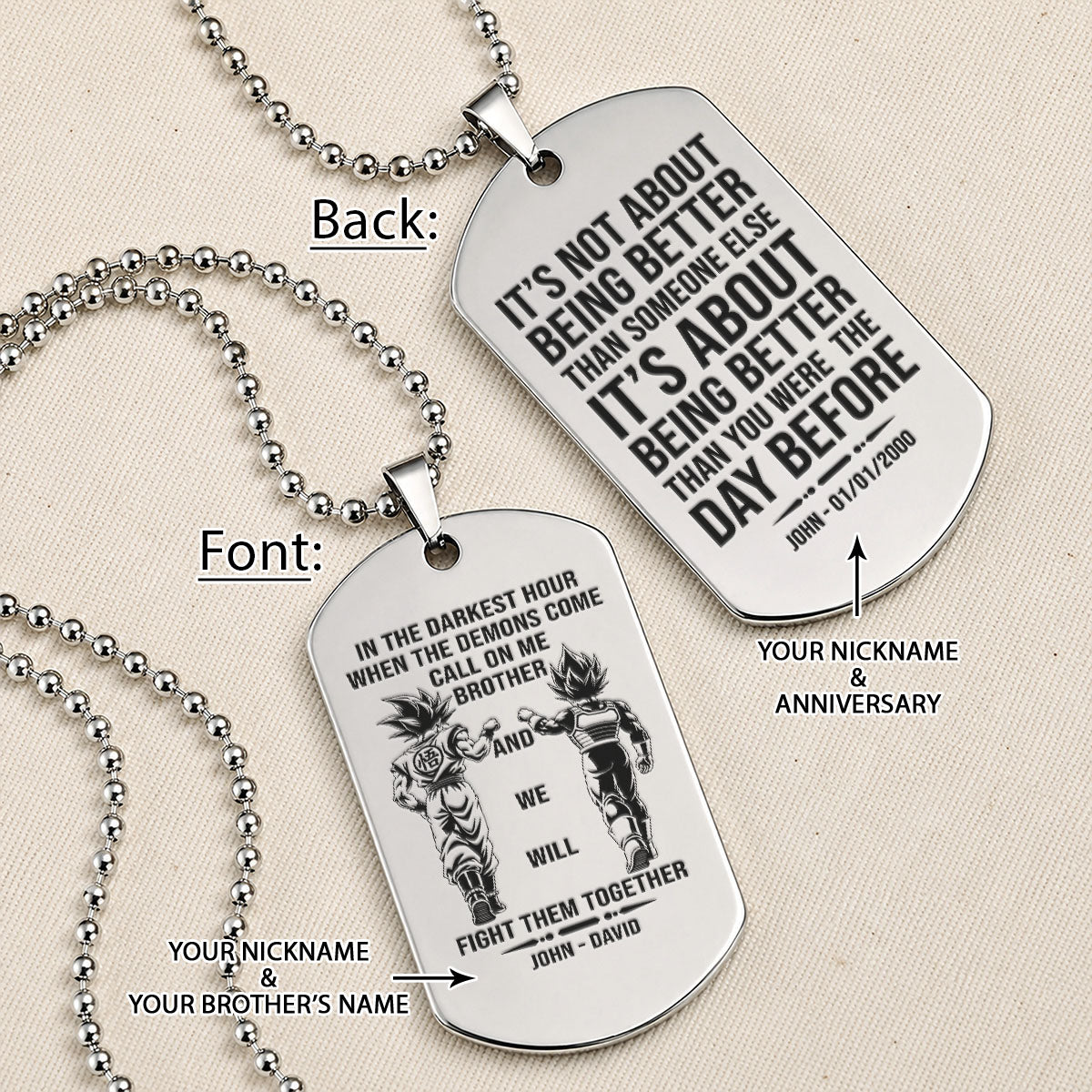 Personalized Dragon Ball Z Goku & Vegeta Brother Dog Tag Necklace - "Call On Me Brother" Engraved Stainless Steel Military Pendant Gift for Men