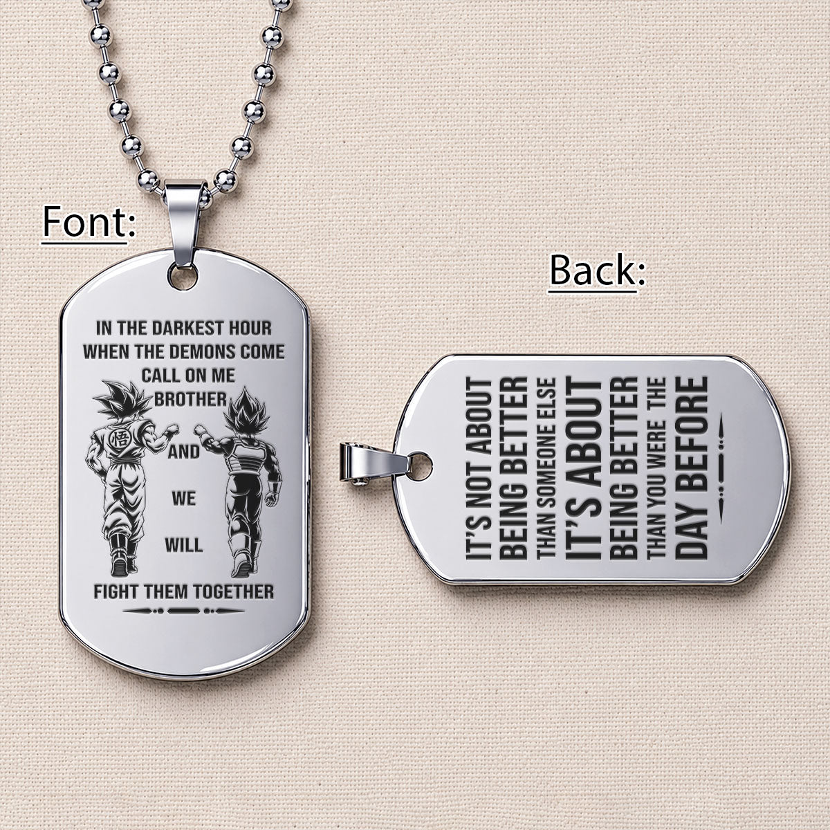 Personalized Dragon Ball Z Goku & Vegeta Brother Dog Tag Necklace - "Call On Me Brother" Engraved Stainless Steel Military Pendant Gift for Men