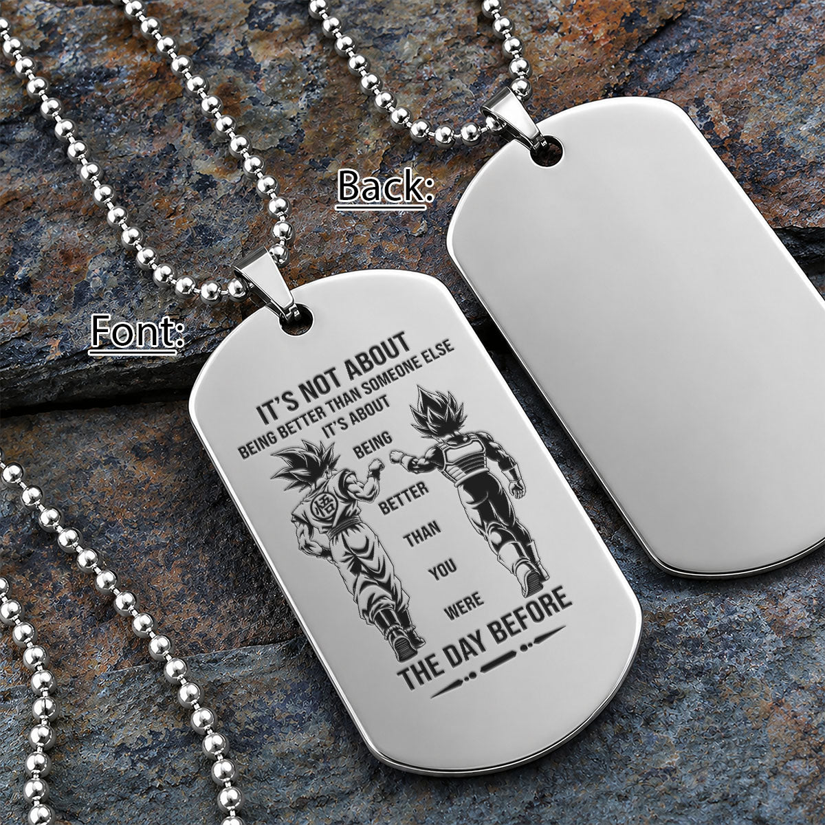 Custom Dragon Ball Z Goku & Vegeta Dog Tag Necklace - "Better Than You Were The Day Before" Engraved Stainless Steel Military Pendant Gift for Men