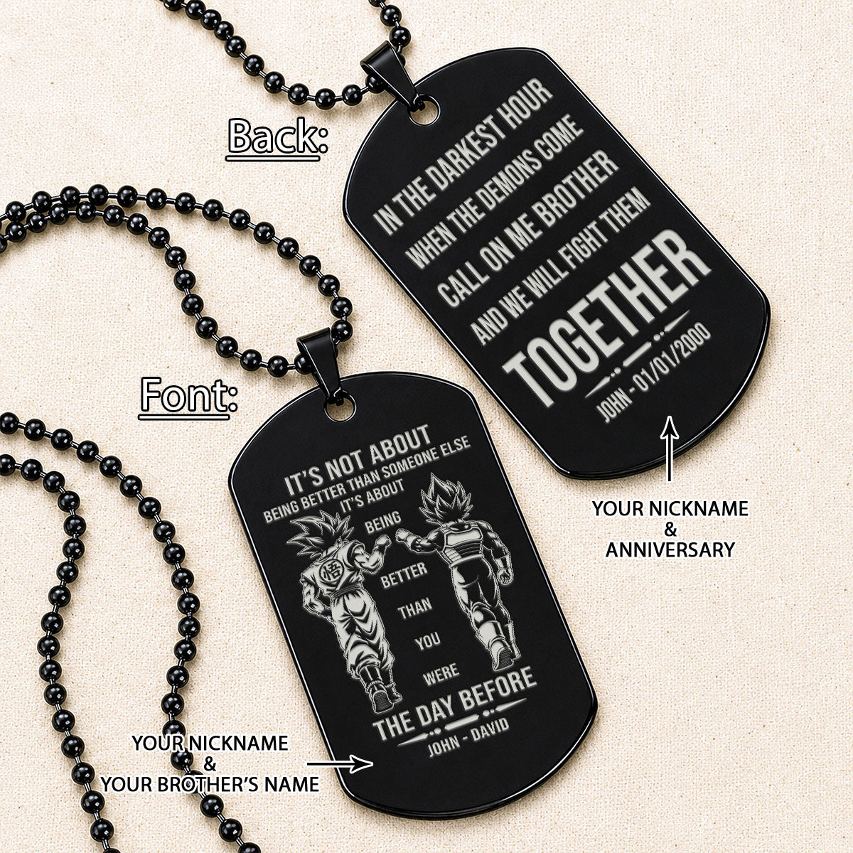 Custom Dragon Ball Goku Vegeta Brother Dog Tag Necklace - "Better Than You Were The Day Before" Engraved Stainless Steel Military Pendant Gift for Men