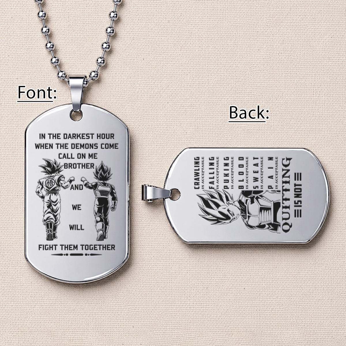 Personalized Dragon Ball Z Goku & Vegeta Brother Dog Tag Necklace - "Quitting Is Not" Engraved Stainless Steel Military Pendant Gift for Men