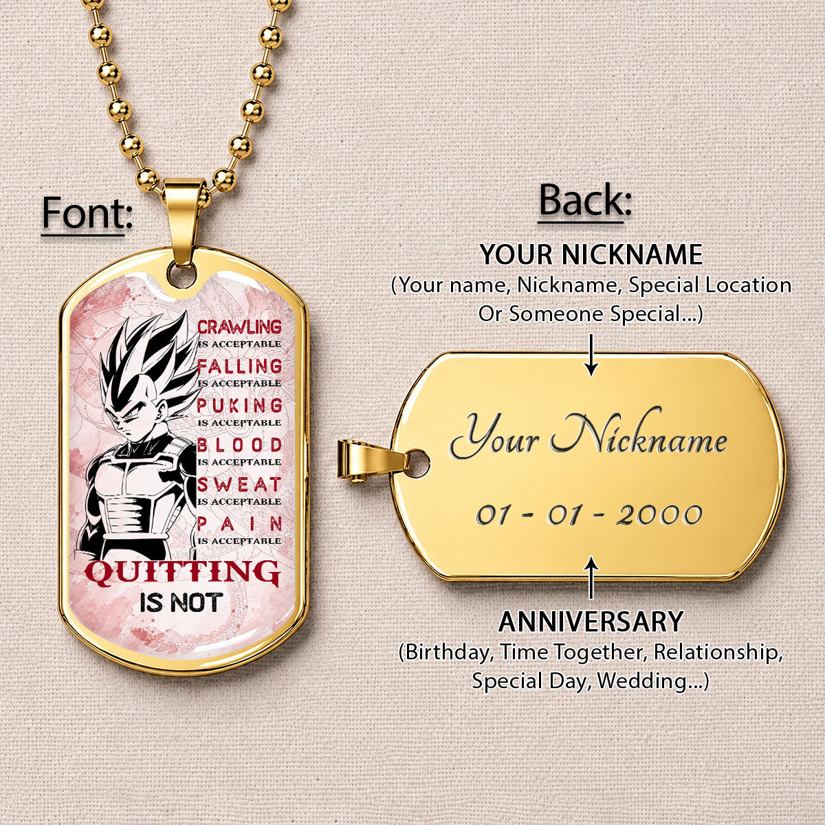 Personalized Dragon Ball Vegeta Dog Tag Necklace - Motivational Quote “Quitting Is Not” Stainless Steel Pendant - Anime Gift for DBZ Fans - DRDL014