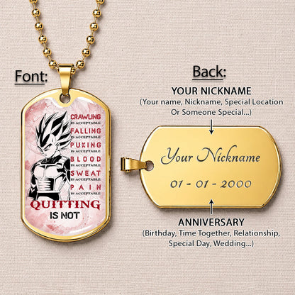Personalized Dragon Ball Vegeta Dog Tag Necklace - Motivational Quote “Quitting Is Not” Stainless Steel Pendant - Anime Gift for DBZ Fans - DRDL014
