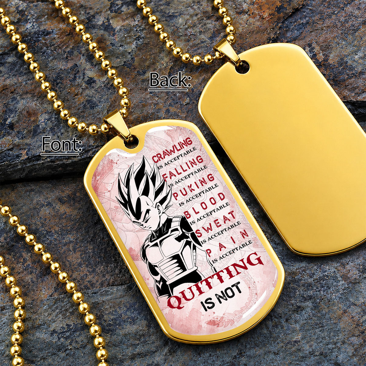Personalized Dragon Ball Vegeta Dog Tag Necklace - Motivational Quote “Quitting Is Not” Stainless Steel Pendant - Anime Gift for DBZ Fans - DRDL014