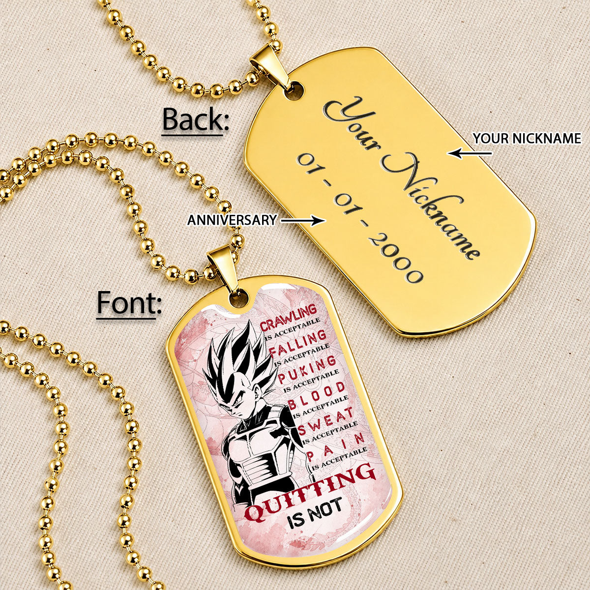 Personalized Dragon Ball Vegeta Dog Tag Necklace - Motivational Quote “Quitting Is Not” Stainless Steel Pendant - Anime Gift for DBZ Fans - DRDL014