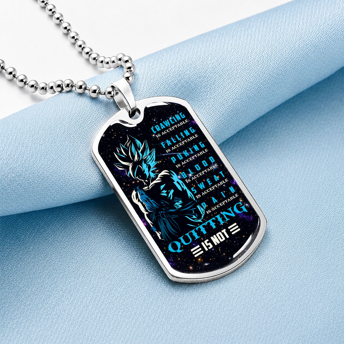 Custom Dragon Ball Super Saiyan Blue Goku Dog Tag Necklace - Motivational Quote “Quitting Is Not” Stainless Steel Pendant - Anime Gift for DBZ Fans - DRDL015