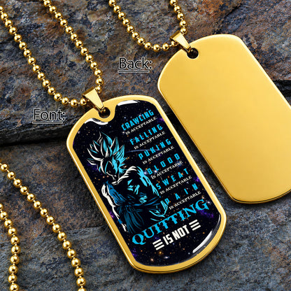 Custom Dragon Ball Super Saiyan Blue Goku Dog Tag Necklace - Motivational Quote “Quitting Is Not” Stainless Steel Pendant - Anime Gift for DBZ Fans - DRDL015