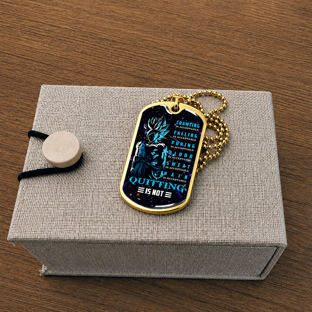 Custom Dragon Ball Super Saiyan Blue Goku Dog Tag Necklace - Motivational Quote “Quitting Is Not” Stainless Steel Pendant - Anime Gift for DBZ Fans - DRDL015