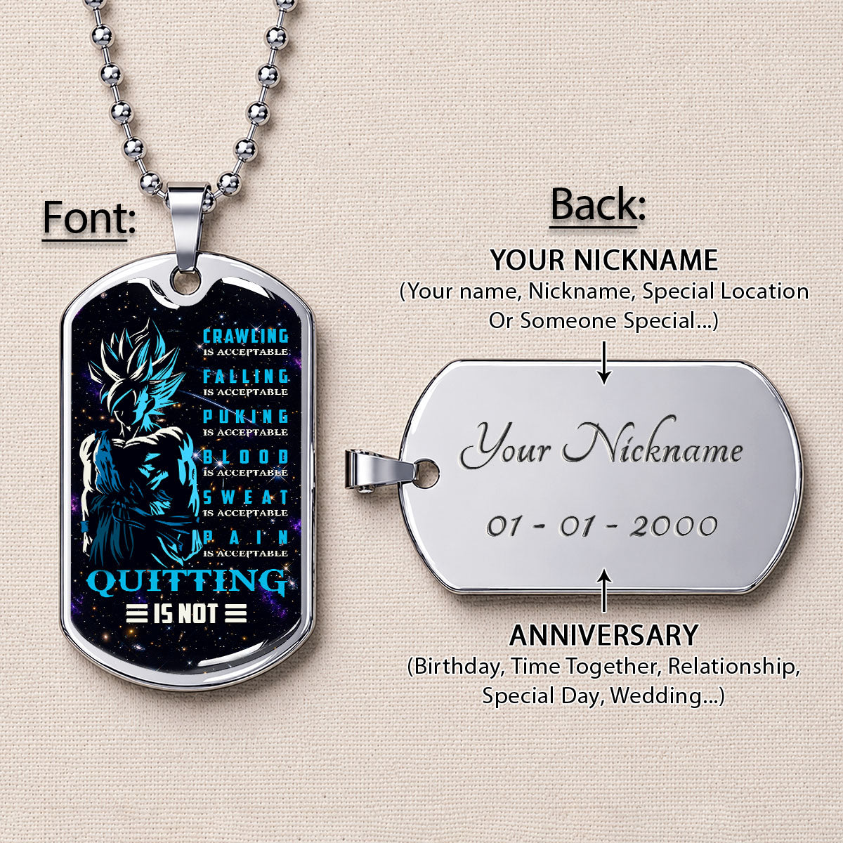 Custom Dragon Ball Super Saiyan Blue Goku Dog Tag Necklace - Motivational Quote “Quitting Is Not” Stainless Steel Pendant - Anime Gift for DBZ Fans - DRDL015