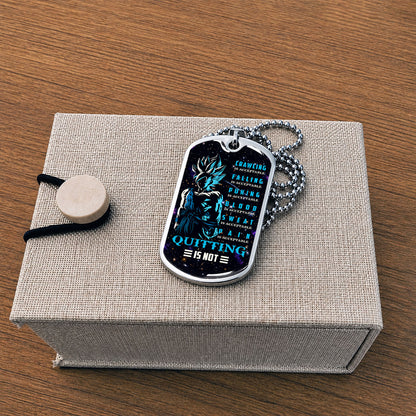 Custom Dragon Ball Super Saiyan Blue Goku Dog Tag Necklace - Motivational Quote “Quitting Is Not” Stainless Steel Pendant - Anime Gift for DBZ Fans - DRDL015